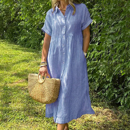 🎁New arrival 50% OFF💥Striped Lapel Button Down Shirt Dress | With Functional Pockets