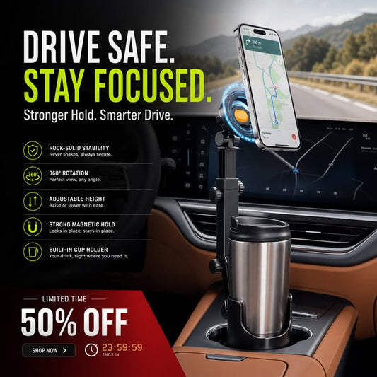 ⭐50K Over Sold —— HOT SALE🔥🧲Car Cup Holder Phone Mount – 360° Adjustable, Strong N52 Magnet, One-Hand Operation