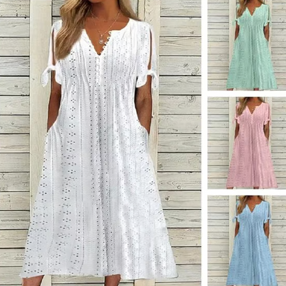 💃 LIMITED-TIME 50% OFF! ✨ Women's Elegant Hollow-Out Dress – V-Neck, Solid Color, Summer Chic 👗