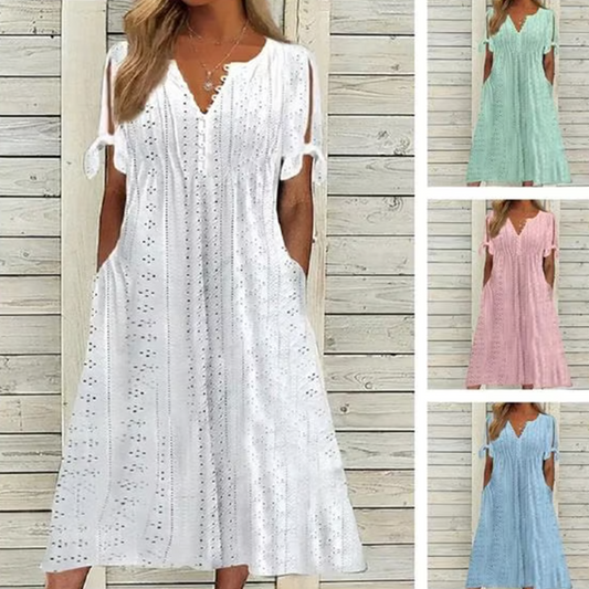 💃 LIMITED-TIME 50% OFF! ✨ Women's Elegant Hollow-Out Dress – V-Neck, Solid Color, Summer Chic 👗