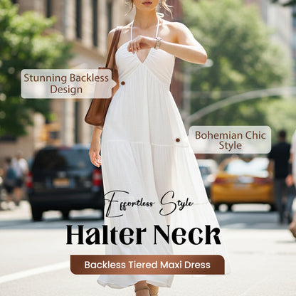 💃 Summer New Arrival✨Halter Neck Backless Tiered Maxi Dress-Tiered, Flowy, Resort Style🌸