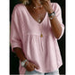 🥳2026 HOT SALE⏰️Limited-Time 50% OFF!! 👚Women's Casual V-Neck Lace Trim Top|Flattering Empire Waist Blouse with 3/4 Sleeves for Spring & Summer🌺
