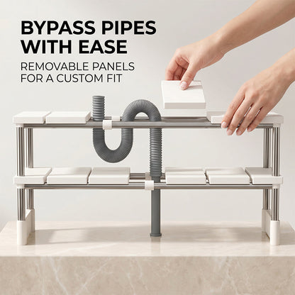 🧽 50% OFF NOW! 🚰 Expandable Under Sink Shelf – Quick drainage & sturdy no-wobble design – Organizes sponges, brushes & soap – keeps countertops clutter-free 🏠