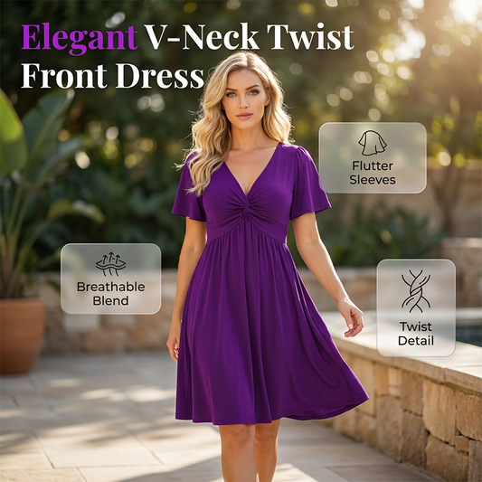 🏖️Summer New Arrive💖⌛️50% OFF NOW!!👗Elegant V-Neck Twist Front Midi Dress with Pockets — Flattering Silhouette, Effortless All-Day Style