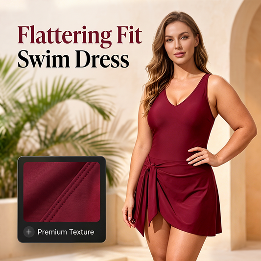 🥳SUMMER HOT SALE🎉1LAST DAY 50% OFF⌛️🩱Elegant Plus Size Solid Color Swim Dress – Premium Textured One-Piece for Beach & Pool