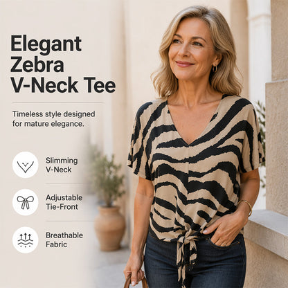 💥2026 Sale — Over 44,000 Sold!✨Women's V‑Neck Tie‑Front Zebra Print T‑Shirt