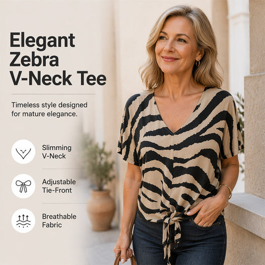 💥2026 Sale — Over 44,000 Sold!✨Women's V‑Neck Tie‑Front Zebra Print T‑Shirt